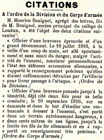 BOUIGNOL Maurice Citation Journal De Loudun 12 11 1916